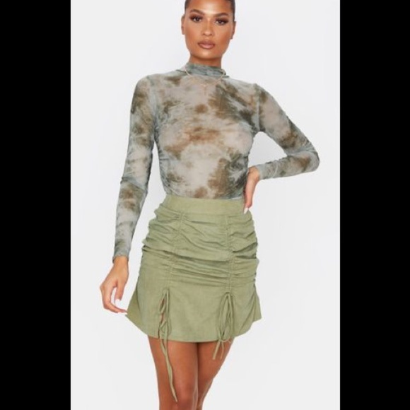 Khaki Faux‎ Suede Double Ruched Detail Mini Skirt - Picture 4 of 8